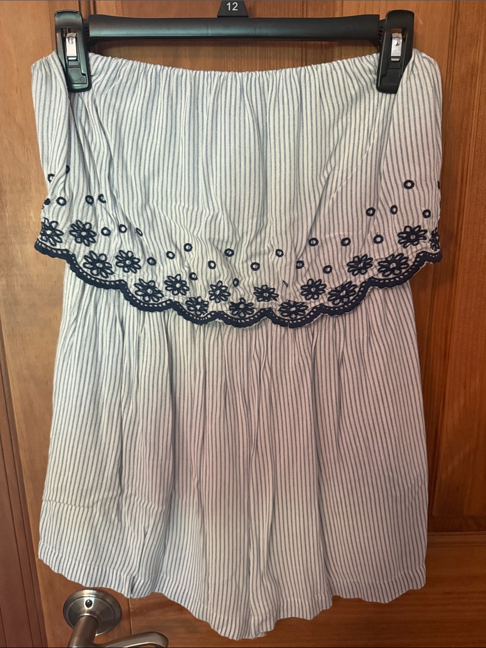 Jessica Simpson White and Navy Striped Strapless Romper with Embroidered Trim
